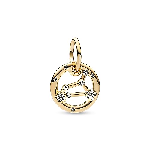 PANDORA Moments Sternzeichen Löwe Charm-Anhänger aus Sterling Silber mit 14 Karat vergoldeter Metalllegierung, Zirkonia, Kompatibel Moments Armbänder, 762725C01 von PANDORA