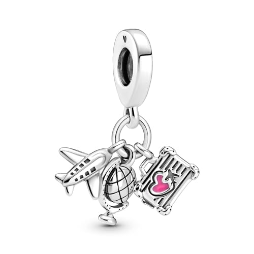 PANDORA Moments 799435C01 Flugzeug, Globus und Koffer Charm-Anhänger aus Sterling-Silber mit rosafarbener Emaille 6x13,6x15 mm (T/H/B) von PANDORA