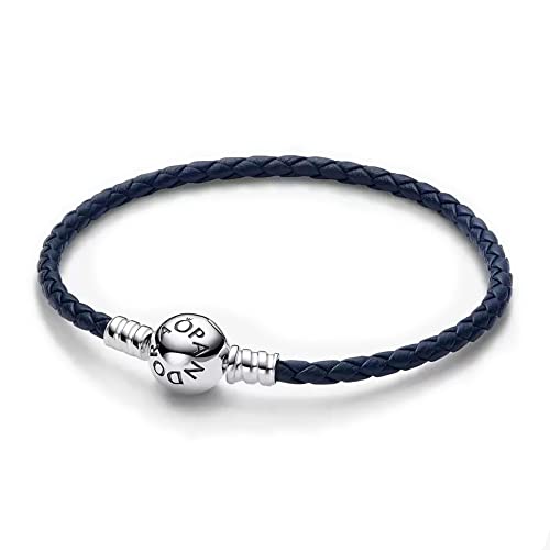 PANDORA Moments Blaues Geflochtenes Lederarmband mit Kugelverschluss, Kompatibel Moments, Größe: 17,5 cm, 592790C01-S1 von PANDORA