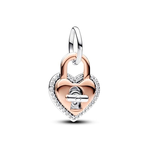 PANDORA Moments Bicolor Drehbares Herz-Schloss Doppelter Charm-Anhänger aus Sterling Silber mit 14 Karat rosévergoldeter Metalllegierung, Zirkonia, Kompatibel Moments Armbänder, 783079C01 von PANDORA