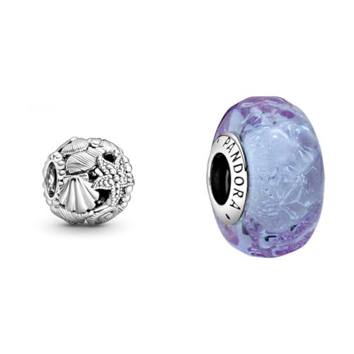 Pandora Offen gearbeitetes Seestern, Muschel und Herzen Charm Silber, 11 x 11 x 9,8 mm & Wellenförmiges Lavendelblaues Murano-Glas Charm, 798875C00, Lila, 1,3cm von Pandora