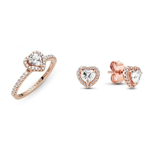 Pandora Ring Rosé funkelndes Herz rosévergoldet, Zirkonia 188421C02 & ROSE Ohrringe funkelndes Herz 288427C01 von Pandora