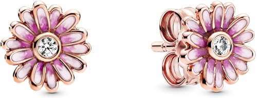 PANDORA Moments rosafarbene Gänseblümchen Ohrringe aus 14 Karat Rosévergoldeterr Metalllegierung mit einem in der Mitte besetzten klaren Cubic Zirkonia und rosafarbener Emaille von PANDORA
