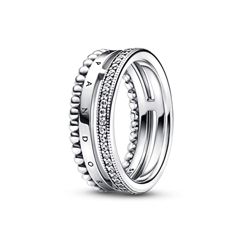 PANDORA Signature Logo Pavé & Perlen Ring in der Farbe Silber aus Sterling-Silber mit Cubic Zirkonia - Größe: 52, 192312C01-52 von PANDORA