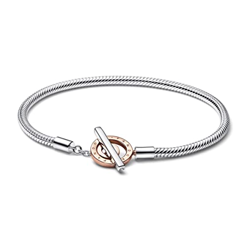 PANDORA Signature Bicolor Logo T-Verschluss Schlangen-Gliederarmband aus Sterling-Silber und rosévergoldeter Metalllegierung - Größe: 21 cm, 582309C00-21 von PANDORA