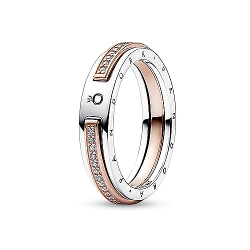 PANDORA Signature Bicolor Logo & Pavé Ring aus Sterlingsilber mit rosévergoldete Metalllegierung und Zirkonia, Gr. 52, 182773C01-52 von PANDORA