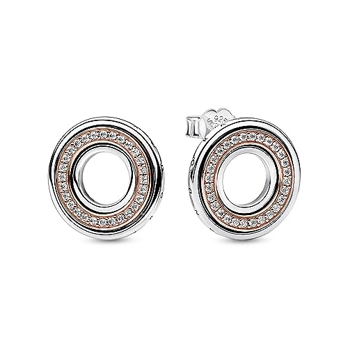 PANDORA Signature Bicolor Logo & Pavé Ohrstecker aus Sterling Silber mit rosévergoldeter Metalllegierung, Zirkonia, Höhe: 15mm, 282780C01 von PANDORA