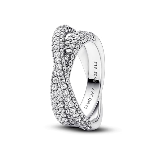 PANDORA Timeless Pavé Gekreuzter Doppelband-Ring aus Sterling Silber mit Cubic Zirkoniastein verziert, Größe: 58, 193022C01-58 von PANDORA