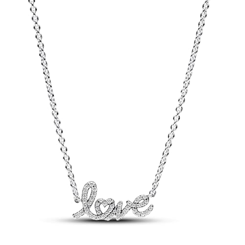 PANDORA Moments Funkelnde Handgeschriebenes Love Collier-Halskette aus Sterling Silber mit Zirkonia, Länge: 45cm, 393076C01-45 von PANDORA