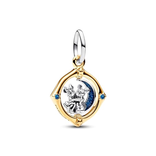 PANDORA Moments Disney Micky Maus & Minnie Maus Bicolor Drehender Mond Charm-Anhänger aus Sterling Silber mit vergoldeter Metalllegierung, Zirkonia, Kompatibel Moments, 762955C01 von PANDORA