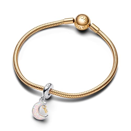 PANDORA Moments Bicolor Schlüssel & Mond Charm-Anhänger aus Sterling Silber mit vergoldeter Metalllegierung, Zirkonia, Kompatibel Moments Armbändern,762985C01 von PANDORA