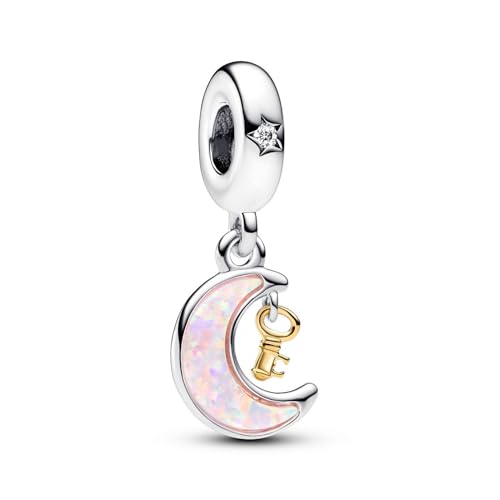 PANDORA Moments Bicolor Schlüssel & Mond Charm-Anhänger aus Sterling Silber mit vergoldeter Metalllegierung, Zirkonia, Kompatibel Moments Armbändern,762985C01 von PANDORA