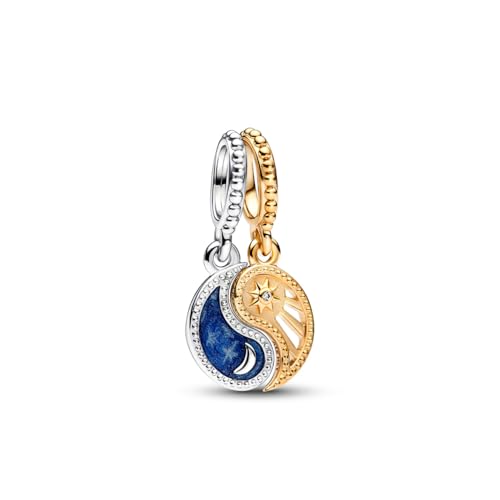 PANDORA Bicolor Teilbarer Sonne & Mond Charm-Anhänger aus Sterling Silber mit 14 Karat vergoldeter Metalllegierung, Cubic Zirkonia, Kompatibel Moments, 762678C01 von PANDORA