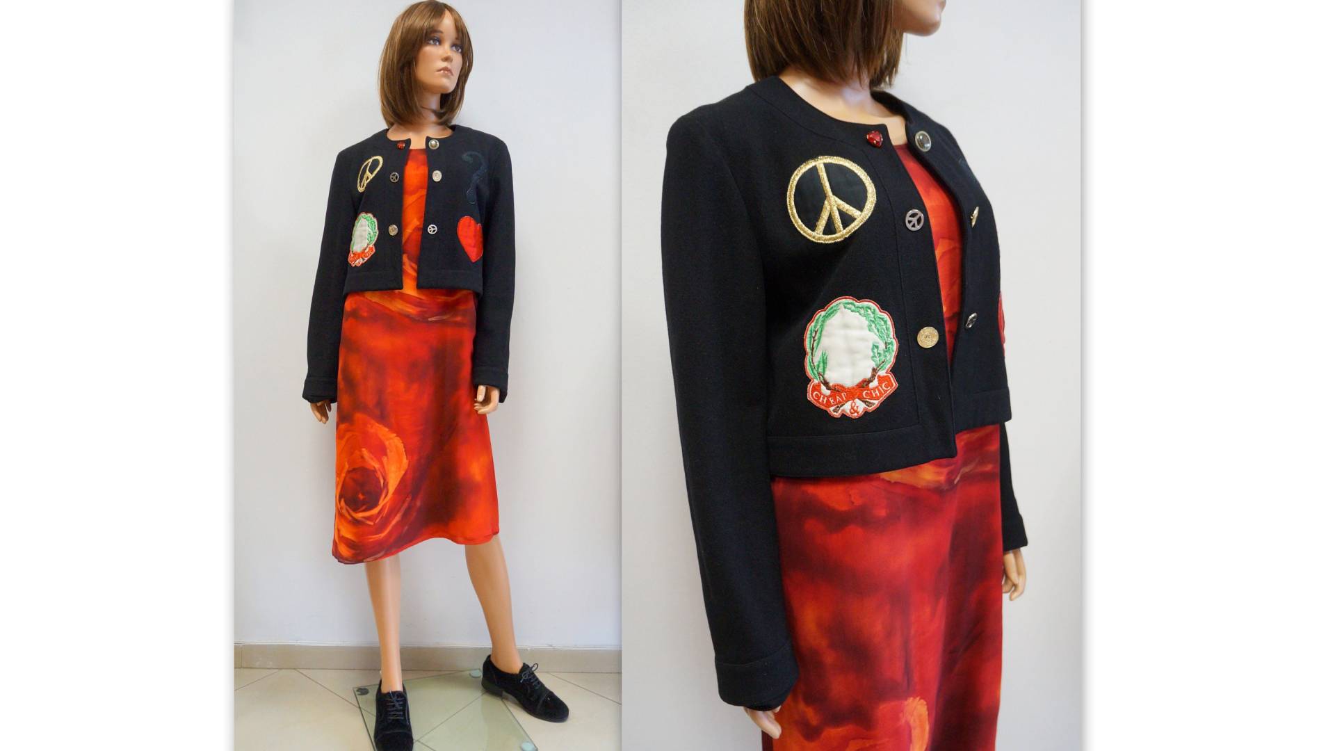 Moschino Wolle Jacke, Cheap Chic Vintage Herzknöpfe Kurze Bestickt Peace, Fragezeichen, Groß Größe Xl von PandoraFashion