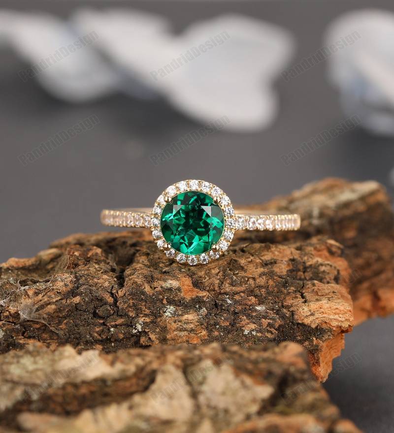 Smaragd Verlobungsring, Frauen Ring, 6, 5 Mm Rundschliff Birthstone Versprechen Akzente 14K Rose Gold Ring von PandridDesign