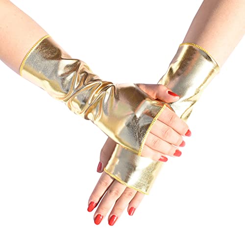 2 Paar PU Leder Fingerlose Handschuhe Punk Goth Lady Disco Tanz Kostüm Accessoires Sexy Steampunk Fashion Dress Up Mittens Halloween Karneval Party Requisiten Damen Gold Silber von Panegy