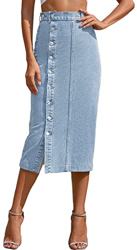 A-Linie Rock Denim für Frauen Button Down Front Midi Länge High Waist Split Thigh Maxi Denim Rock Midi Länge Denim Bleistiftrock Hellblau S von Panegy