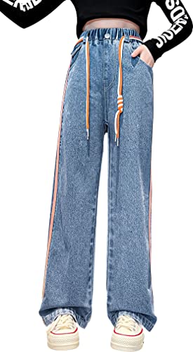 Baggy Jeans Kids Distressed High Waist Baggy Denim Pants Wide Leg Straight Trousers Orange Striped Trim Washed Jeans with Side Pockets Jogging Bottoms Blue Age 13-15 Jahre von Panegy