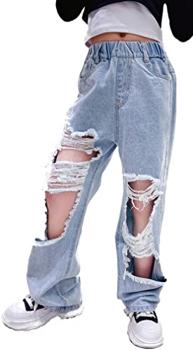 Baggy Ripped Jeans für Teenager Mädchen Elastische High Waist Retro Style Denim Hosen Wide Leg Jeans Cool Loose Fit Stylish Casual Denim Solid Color Trousers Hellblau Alter 8-9 Jahre von Panegy