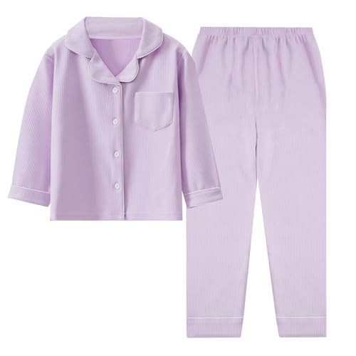 Big Kids Unisex Pjs Set Kinder Button Down Hemden Hosen Langarm Samt Lounge Schlafanzug Mädchen Jungen Classic Casual Pyjamas mit Tasche lila 10-11 Jahre von Panegy