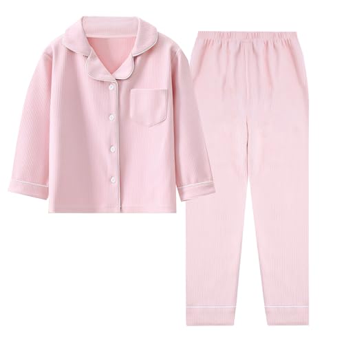 Big Kids Unisex Pjs Set Mädchen Jungen Classic Casual Pyjamas mit Tasche Kinder Button Down Shirts Hosen Langarm Samt Lounge Sleepwear Pink 10-11 Jahre von Panegy
