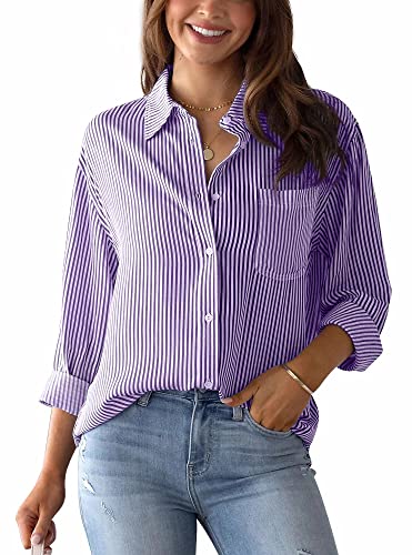 Bluse Damen Oberteile Elegant Langarm Karo V-Ausschnitt Shirt Lässig Stehkragen Button Down Bluse Shirt Mode Tunika Leinen Shirt Oberteile Büro Blusen Lila L von Panegy