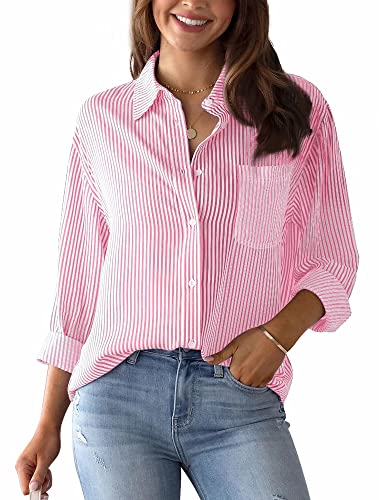 Bluse Damen Oberteile Elegant Langarm Karo V-Ausschnitt Shirt Lässig Stehkragen Button Down Bluse Shirt Mode Tunika Leinen Shirt Oberteile Büro Blusen Rosa M von Panegy