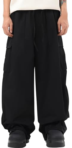 Cargohose Herren Lose Casual Beach Drawstring Hose Solid Relax Fit Yoga Jogger Steetwear mit Multi Pockets Workwear Schwarz M von Panegy