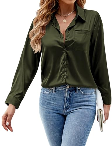 Damen Bluse Satin Seide Hemden Casual V Hals Slim Fit Bluse Button Down Business Tops mit Tasche Solid Büro Arbeit Tunika Hemden Grün L von Panegy
