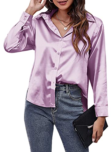 Damen Bluse mit Knöpfen Langarmshirts Satin Freizeithemden Schlichte Hemden für Frauen Solide Seidenähnliches Hemd für Büroarbeit Business Wear Lila S von Panegy