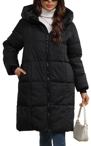 Damen Daunen-Pufferjacke mit Kapuze Daunenjacke Outerwear Winter Leichtgewicht Steppmantel Maxi Mantel Lässig Langarm Gefütterter Mantel Schwarz L von Panegy