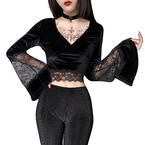 Damen Gothic Spitze Tops Flare Ärmel Spleißen V-Ausschnitt Samt T-Shirt Hollow Out Vintage Slim Camisole Sexy Patchwork Korsett Schwarz M von Panegy