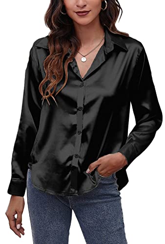 Damen Hemden Satin Blusen V-Ausschnitt Lässige Elegante Oberteile Langarm Revers Hemden für Damen Glänzend Seidenartiges Hemd für Büro Arbeit Business Abend Party Schwarz XL von Panegy