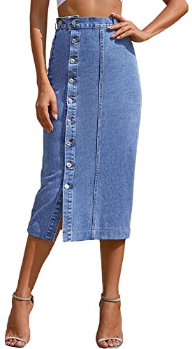 Damen Jeansrock Casual High Waisted Solid Button Up Denim Jeansröcke Long Aline Denim Skirts Ladies Midi Jean Skirt Western Skirts Blue S von Panegy