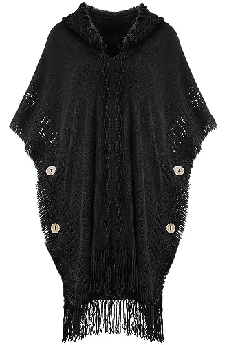 Damen Kapuzenponcho mit Fransensaum Häkelumhang Lose Pullover Gestrickte Schals Cape Eleganter übergroßer Pullover Wrap mit Quaste Häkel Fransen Top für Winter Schwarz von Panegy