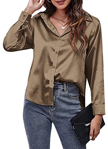 Damen Langarmbluse Casual Plain Blusen Seidensatin Tops Solide Front Button Down Shirts für Damen Büro Arbeit Business Urlaub Tragen Braun S von Panegy