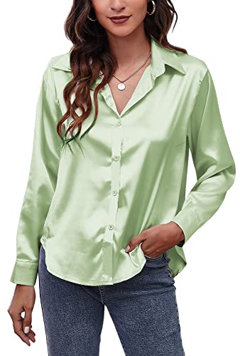 Damen Langarmshirts Satinbluse Button-Down-Oberteile Solide Seide wie Revershemden Freizeithemden für Damen Büroarbeit Business Hochzeitskleidung Grün XXL von Panegy