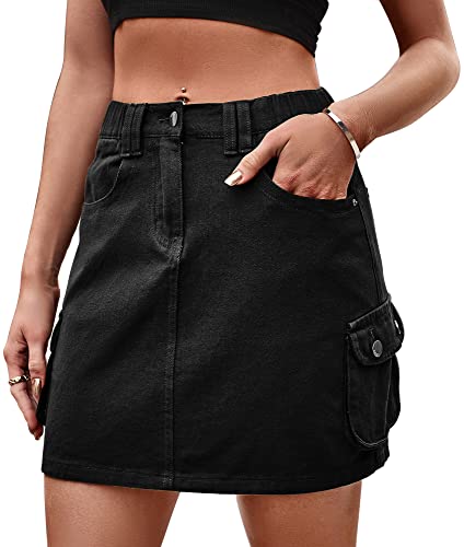 Damen Mini Cargo Jeansrock Sexy Y2K Rock Casual Einstellbare hohe Taille Knopf Stretch Bodycon Mini Denim Rock mit Tasche Ästhetische Vintage Rock Schwarz M von Panegy