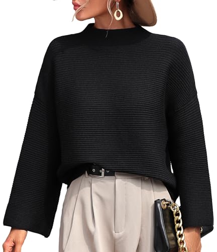 Damen Mock Neck Strickpullover Tops Chunky Jumper Sweatshirts Ladies Oversized Solid Long Sleeve Knitwear Elastic Pullover Schwarz von Panegy