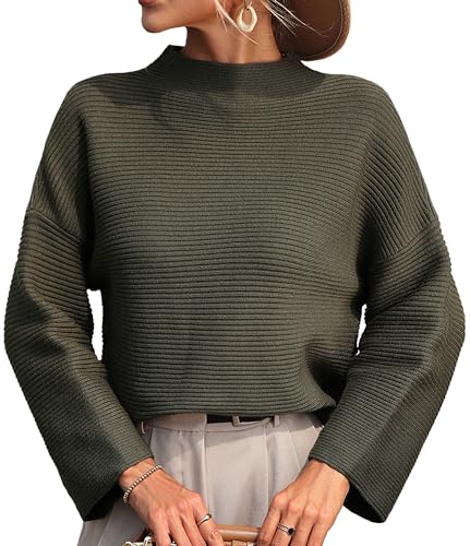 Damen Pullover Langarm Pullover Lose Dicke Lange Ärmel Strickwaren Damen Rollkragen Elegant Pullover Tunika Einfarbig Solide Oberteile Grün von Panegy