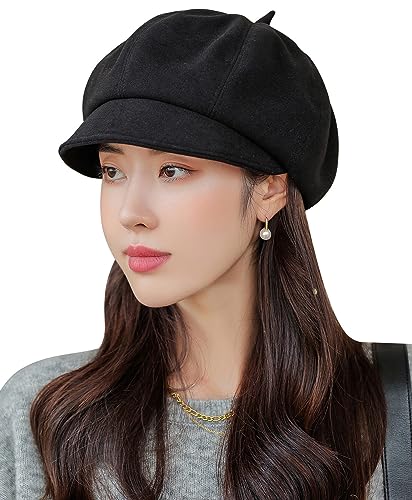 Damen Schirmmütze Solid Baker Boy Leinen Newsboy Cabbie Cap Fashion Warm Wolle French Style Visor Accessoire Flat Painter Hats Schwarz von Panegy