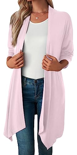 Damen Strickjacken Casual Open Front Solid Draped für Frauen High Low Hem Bluse Tops Sommer Soft Long Sleeve Waterfall Pullover Mantel Elegante Baumwolle Lightweight Cardigans Split Dusters Rosa XXL von Panegy