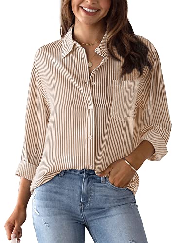 Damen Tops Elegante Langarm V-Ausschnitt Gestreifte Bluse Hemden mit Knöpfen Casual Büro Arbeit Blusen Baumwolle Stilvolle Tunika Shirt Tops Basic Longline Shirts Khaki XL von Panegy