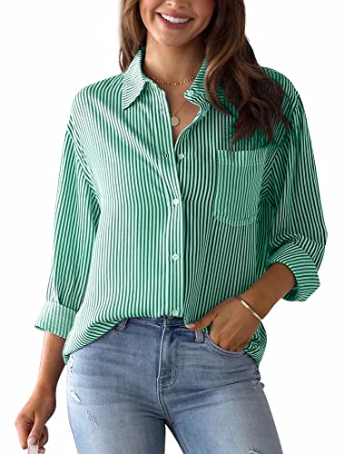 Damen gestreifte Tops Button Down Langarm Bluse Manschettenärmel Halsband Shirt Elegant V-Ausschnitt Causal Shirt Mode Arbeit Damen Tops Basic Longline Shirts Grün S von Panegy