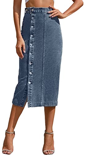 Denim Midi Rock für Frauen Split Oberschenkel Maxi Denim Jean Rock A-Linie Stretch Button Down Jean Röcke Casual Stretchy Elegant Western Röcke Fired Flower Dunkelblau S von Panegy