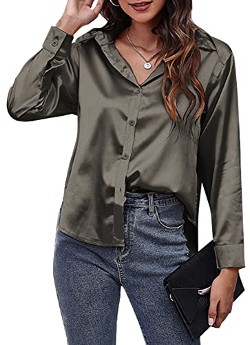 Einfarbige Damenhemden Langarm Seidenartige Blusen Satinoberteile Vorderes Button-Down-Revers Hemden für Damen Lässiges Schlichtes Oberteil für Büroarbeit Business Wear Grau XXL von Panegy