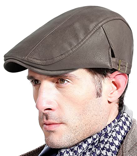 Flache Mützen für Männer UK Warmes PU-Leder Vintage Beret Cap Verstellbare Newsboy Mützen Schießen Fahren Flache Mütze Hüte Kaffee von Panegy