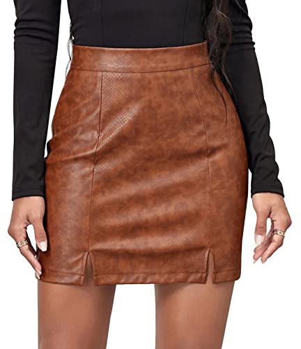 Frontschlitz Rock für Frauen Kunstleder Rock für Casual Daily Party Night Mini A-Line Pencil Short Rock High Waisted Stretchy Zipper Skirt Braun L von Panegy