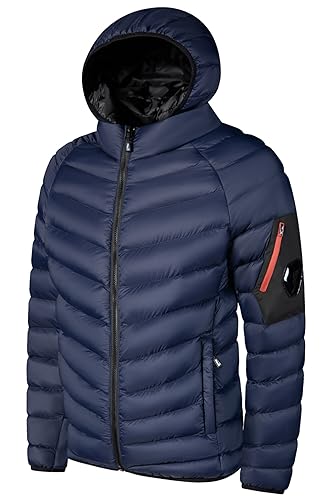 Gefütterte Herrenjacke Winter Thermo Puffer Kurzmäntel mit abnehmbarer Kapuze Leichte Warme Packbare Jacke Isolierte Kleidung für Wandern Blau von Panegy