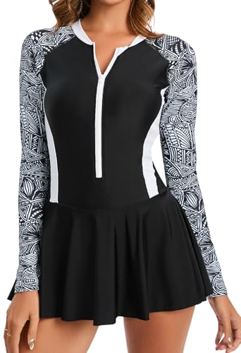Gepolsterter Damen Badeanzug Langarm Rundhalsausschnitt Reißverschluss Bademode Bikini Einteiler Schwimmkleid mit Rock Beachwear zum Surfen Fischen Schwarz S von Panegy
